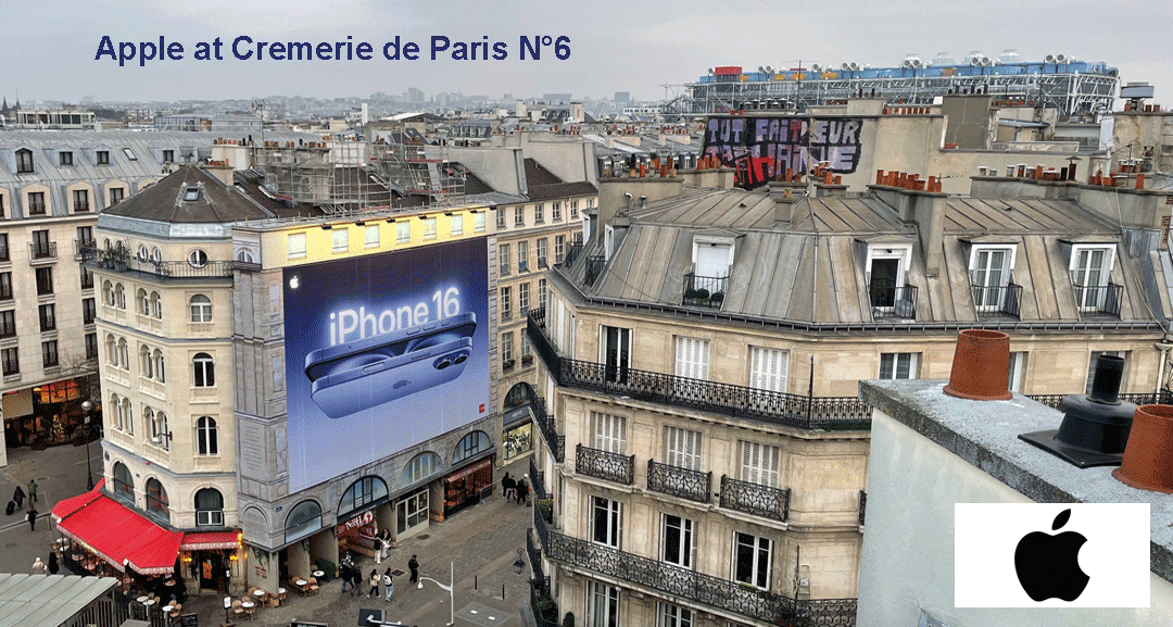 Apple iPhone Billboard above Cremerie de Paris No6 - in the background Museum Centre Pompidou. Cremerie de Paris is a Telecom Landmark connected to many inventions and many iconic Brands. iphone 16